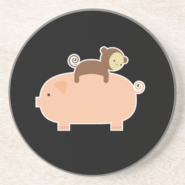 Porta-copos De Arenito Equitação do macaco do bebê em um porco (Frente)