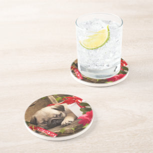 Porta-copos De Arenito Filhote de cachorro e caixa de presente do Pug