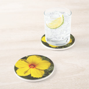 Porta-copos De Arenito Flor de Hibiscus Amarelo