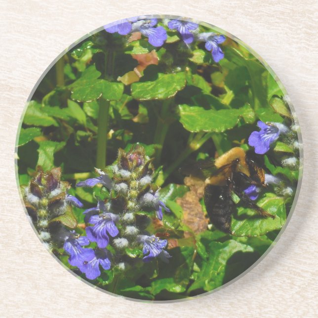 Porta-copos De Arenito Flor Roxo e Abelhas (Frente)