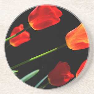 Porta-copos De Arenito Flores de Tulipas Vermelhas Laranja Fundo Preto