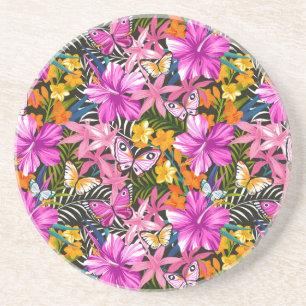 Porta-copos De Arenito Folhas e flores tropicais