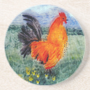 Porta-copos De Arenito Galinha do Galo de Pintura de Pássaros