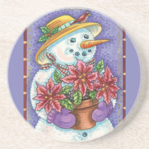 Porta-copos De Arenito Garota de Natal Fofo Boneco de Neve com Poinsettia