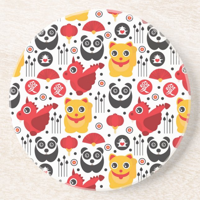 Porta-copos De Arenito Gato, dragão, e panda afortunados de China (Frente)