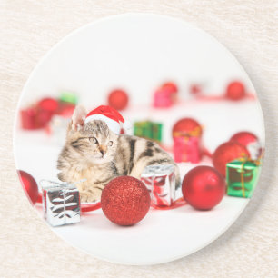 Porta-copos De Arenito Gato usando enfeite de Natal chapéu vermelho de Pa
