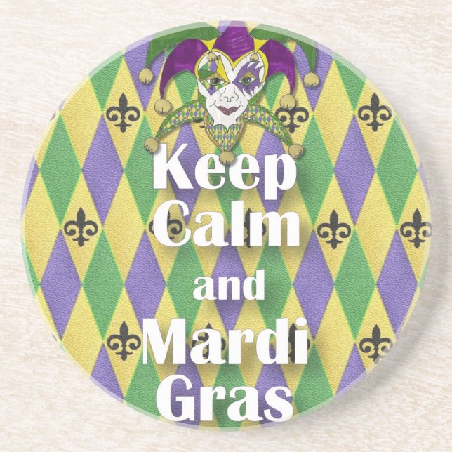 Porta-copos De Arenito Jester Mask Keep Calm e Mardi Gras (Frente)