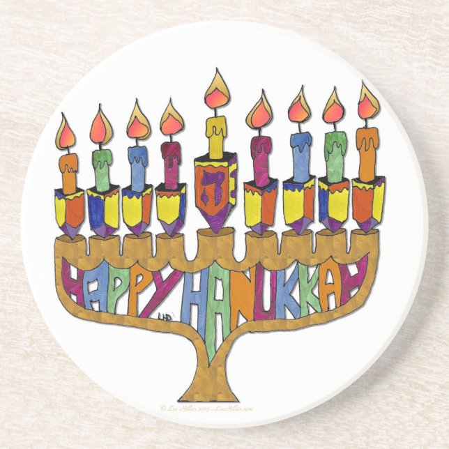 Porta-copos De Arenito Judaica Happy Hanukkah Dreidel Menorah (Frente)