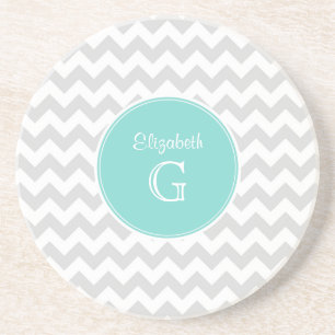 Porta-copos De Arenito Lt Cinza White Chevron Rnd Aqua Name Monograma