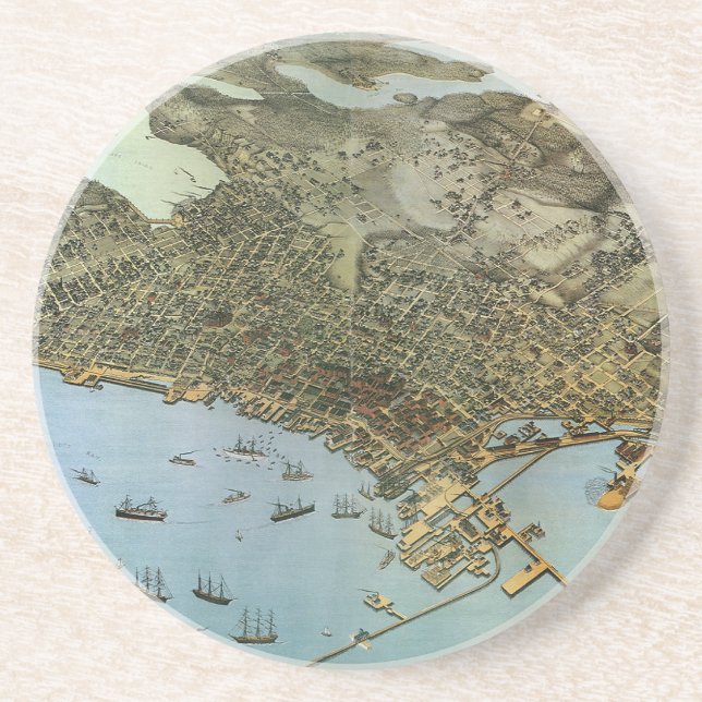 Porta-copos De Arenito Mapa Antigo Vista Aérea Cidade de Seattle Washingt (Frente)