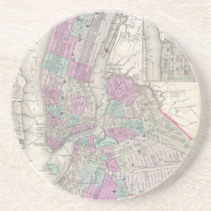 Porta-copos De Arenito Mapa do vintage de NYC e de Brooklyn (1866)