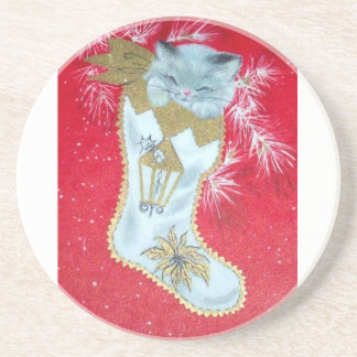 Porta-copos De Arenito Meio século de Natais vintages Kitten
