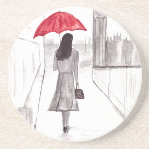 Porta-copos De Arenito Menina de Londres com guarda-chuva vermelho