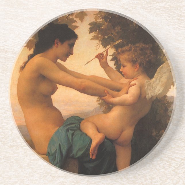 Porta-copos De Arenito Menina se defendendo de Cupido de Bouguereau (Frente)