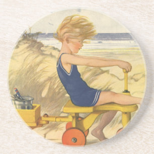 Porta-copos De Arenito Menino do vintage que joga na praia com brinquedos
