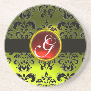 Porta-copos De Arenito Monograma de Ruby Vermelho NEGRO E AMARELO