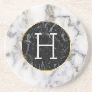 Porta-copos De Arenito Monograma do mármore do círculo branco e preto