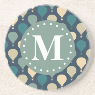 Porta-copos De Arenito Monograma do Padrão do Balão de Ar Quente Retro Az
