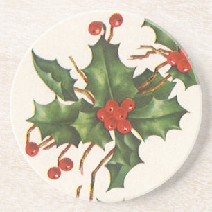 Porta-copos De Arenito Natais vintages, Holly Plant com Red Berries