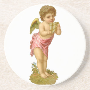 Porta-copos De Arenito Natal Antigo, Anjo Músico com Flauta de Pã