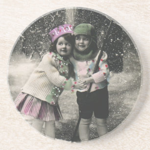 Porta-copos De Arenito Natal vintage, melhores amigos em esquis