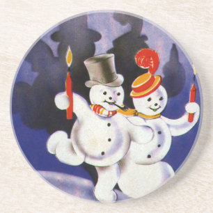 Porta-copos De Arenito Natal vintage que dança bonecos de neve com velas