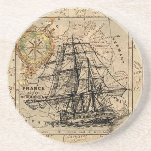 Porta-copos De Arenito Navio Vintage e velho mapa europeu