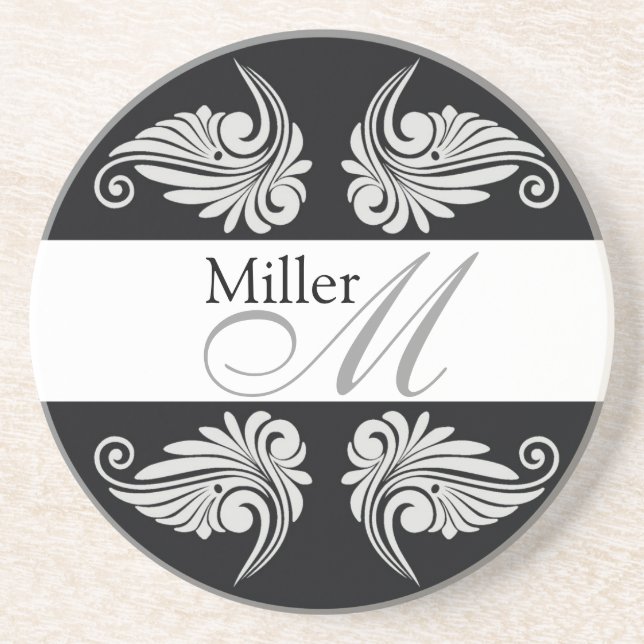 Porta-copos De Arenito O preto floresce o monograma do aniversário de (Frente)