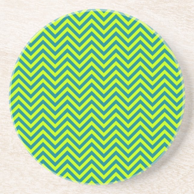 Porta-copos De Arenito Padrão Chevron Teal E Verde limão (Frente)