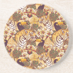 Porta-copos De Arenito Padrão Floral Tropical Com Tigre