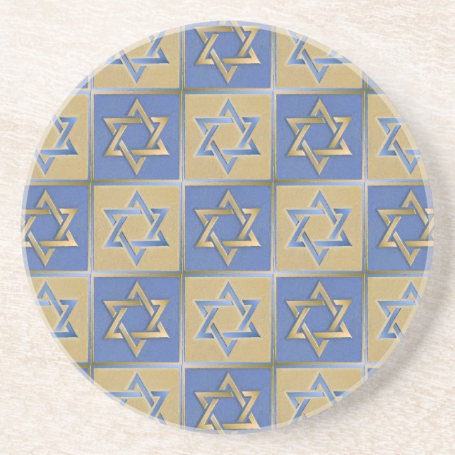 Porta-copos De Arenito Painéis de Arte Estrela de Davi Azul Dourado (Frente)