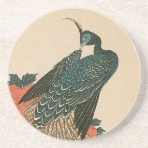 Porta-copos De Arenito Pavão e Peônias de Hiroshige, Arte Japonês