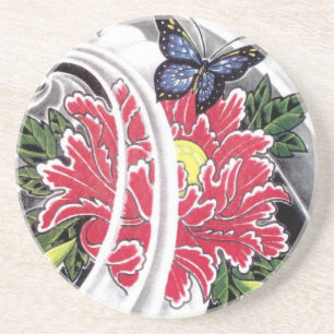 Porta-copos De Arenito Peony Flower e Butterfly Tattoo Design