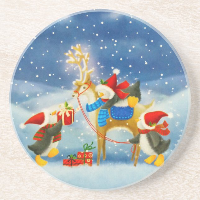 Porta-copos De Arenito Pinguim e Reindeer (Frente)