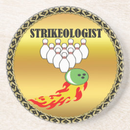 Porta-copos De Arenito Pinos e bolas de boliche com a palavra STRIKEOLOGI