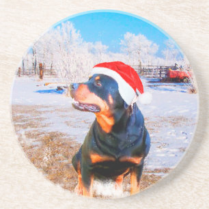 Porta-copos De Arenito Pintura de Natal do Cão Rottweiler