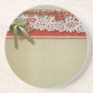 Porta-copos De Arenito Rosa Antiga em Renda Rustic Red Vitoriana em Lona