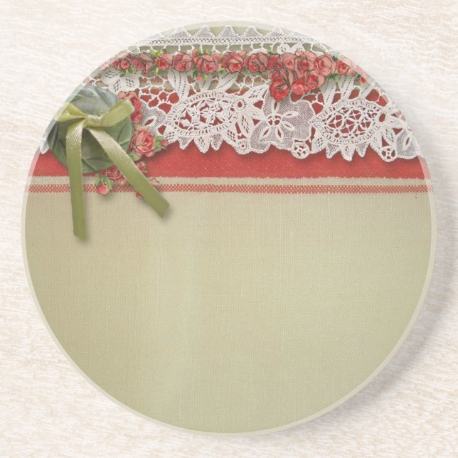 Porta-copos De Arenito Rosa Antiga Renda Rustico Vermelho Burel (Frente)