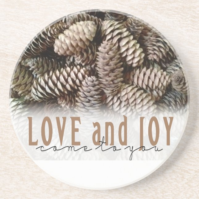 Porta-copos De Arenito Rustic Holiday Love and Joy Pine Cone (Frente)