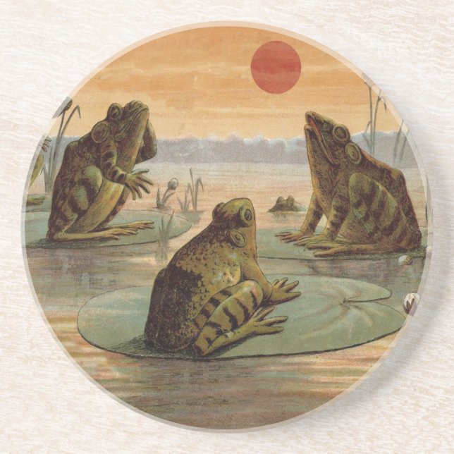 Porta-copos De Arenito Sapos Lily Pads Ilustração da Lua (Frente)