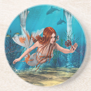 Porta-copos De Arenito Sereia de Cabelo Vermelho Arte de Fantasia Subaquá