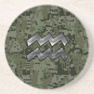 Porta-copos De Arenito Símbolo Aquarius Zodiac na Camuflagem Digital Ver