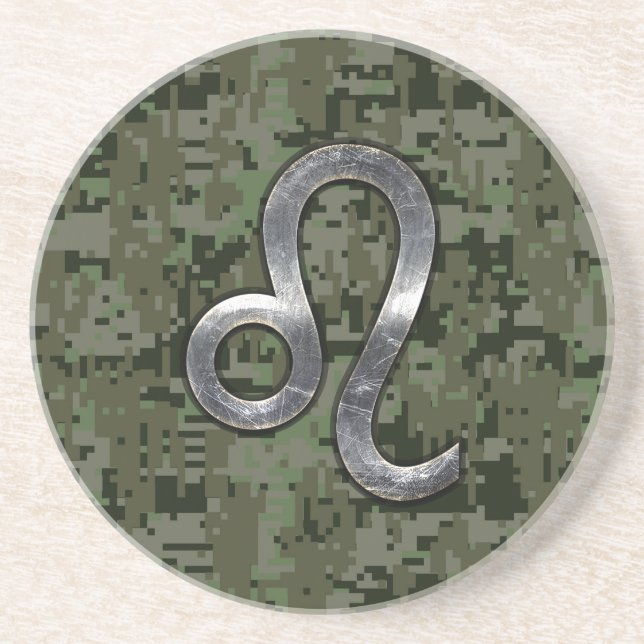 Porta-copos De Arenito Símbolo moderno Leo Zodiac na Camo Digital Verde (Frente)