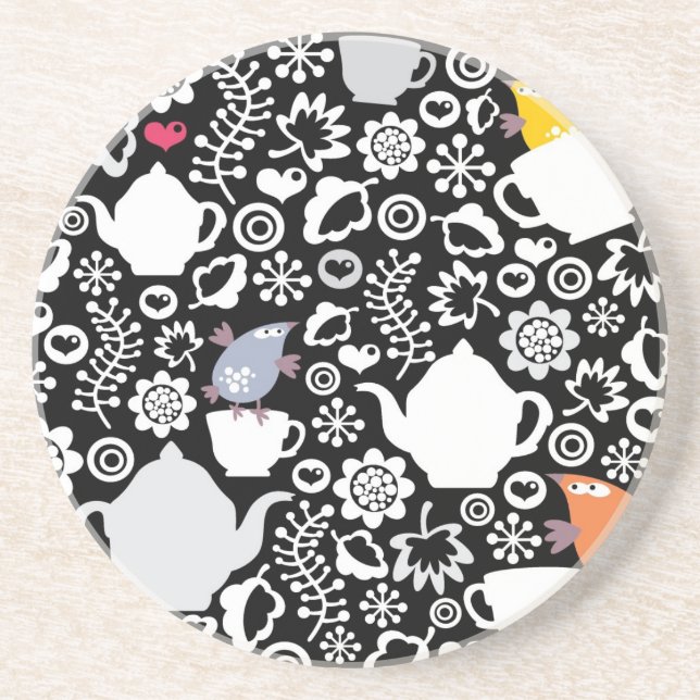 Porta-copos De Arenito Teste padrão dos pássaros e dos copos (Frente)