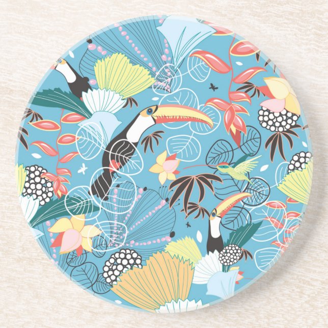 Porta-copos De Arenito Textura tropical com Toucans e colibris (Frente)