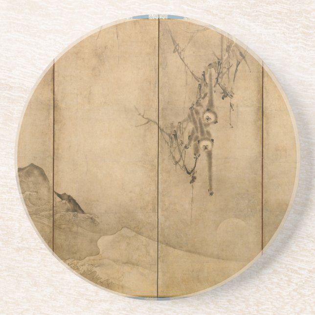 Porta-copos De Arenito Tinta japonesa em papel Gibbons Primados e Paisage (Frente)