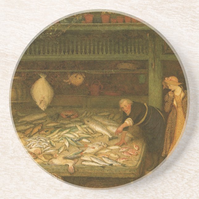 Porta-copos De Arenito Uma loja de peixeiro por Frederick Walker (Frente)
