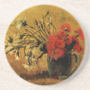 Porta-copos De Arenito vaso com cravos vermelhos e brancos, van Gogh
