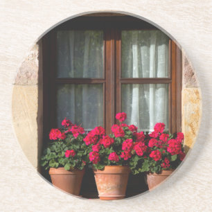 Porta-copos De Arenito Vasos de flores na janela da aldeia