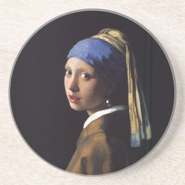 Porta-copos De Arenito Vermeer Girl Pearl Enarrando pintura de arte (Frente)